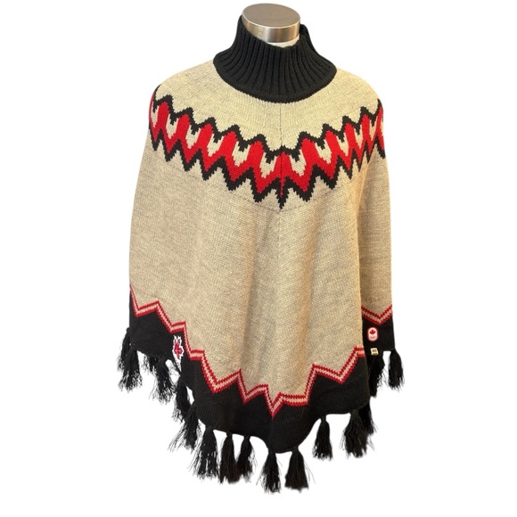 Hudson's Bay Company Sweaters - HBC Olympic Team Canada Women's Poncho Black Red Patterned Fringe One Size